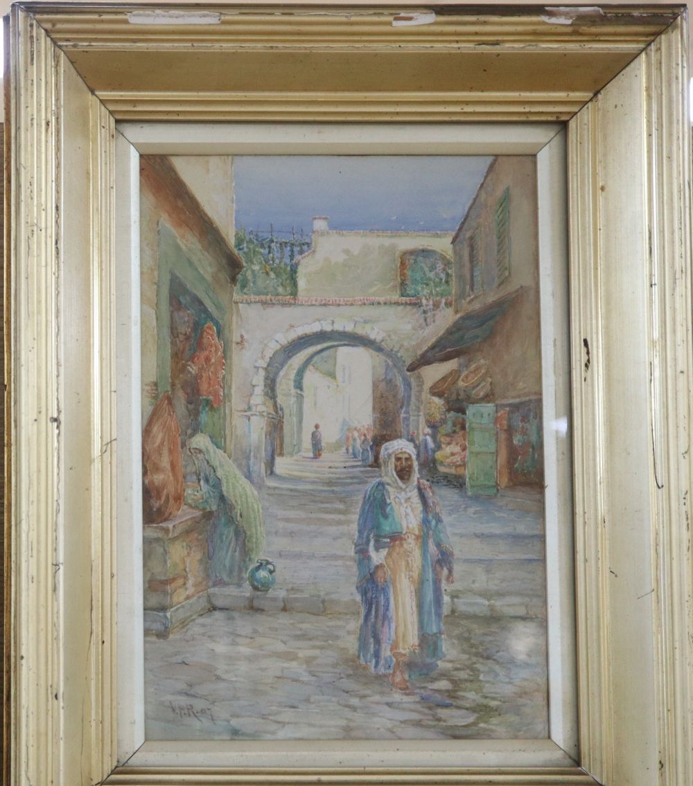 Lady Victoria Penelope Ramsay, watercolour, Arab street scene, initialled and dated 07, 26 x 18cm